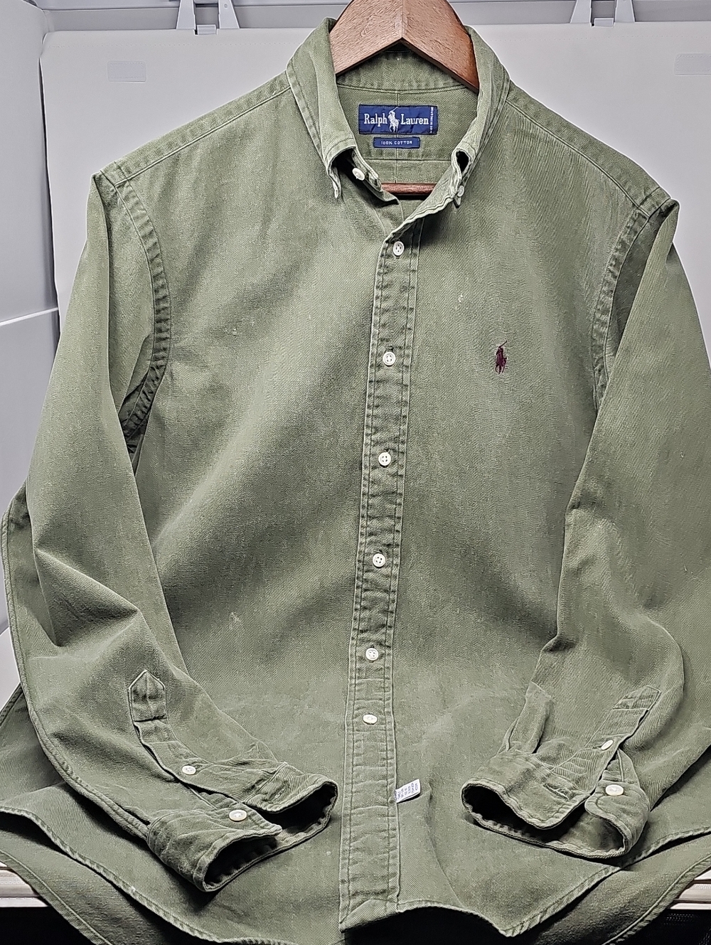 Vintage 90s Ralph Lauren Olive Green Long-Sleeve Button-Down Shirt - Picture 2 of 11
